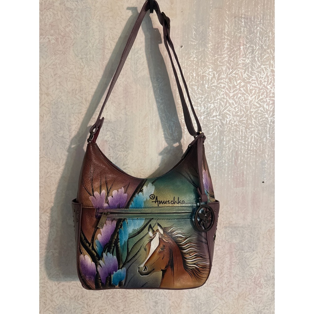 Anuschka Hand Painted Leather Horse Floral Shoulder Bag Plum Brown Hobo